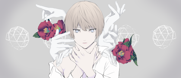 Anime picture 2439x1061 with saiki kusuo no psi nan akechi touma hoshino single looking at viewer highres short hair blonde hair wide image upper body grey background grey eyes undressing expressionless boy flower (flowers) shirt white shirt hands camellia (flower)