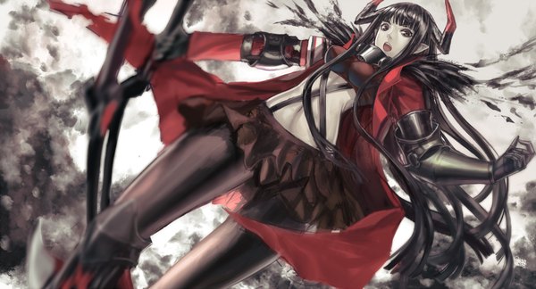 Anime picture 2000x1082 with original pixiv fantasia pixiv fantasia fallen kings infukun single long hair looking at viewer highres open mouth black hair wide image horn (horns) pointy ears black eyes from below looking down girl skirt gloves weapon