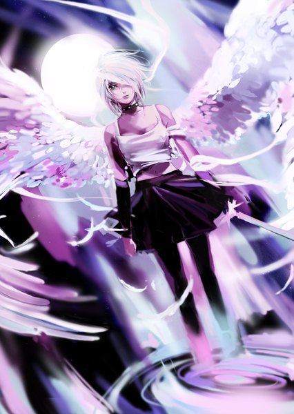 Anime picture 620x874 with original athena-chan (artist) single tall image looking at viewer fringe short hair standing bare shoulders holding full body white hair wind hair over one eye midriff grey eyes dutch angle angel wings girl skirt