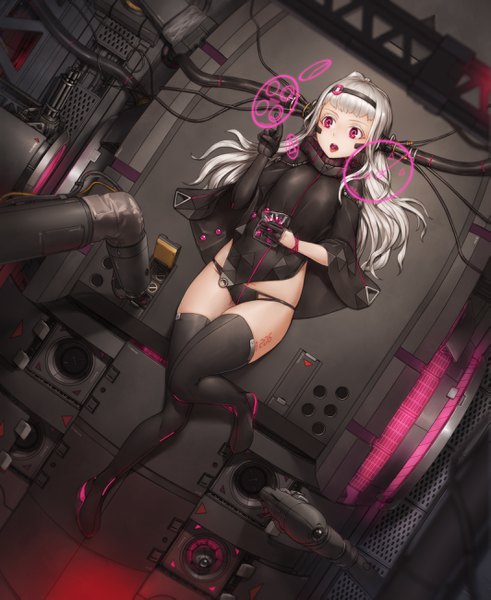Anime picture 2125x2598 with warship girls r tagme (character) qingmingtongzi single long hair tall image blush fringe highres breasts open mouth light erotic purple eyes holding looking away silver hair bent knee (knees) lying blunt bangs from above