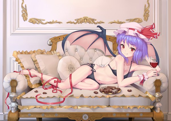 Anime picture 3507x2480 with touhou remilia scarlet xian yu zhanshi single highres short hair breasts light erotic smile red eyes absurdres purple hair indoors nail polish barefoot reclining demon wings red nail polish girl navel