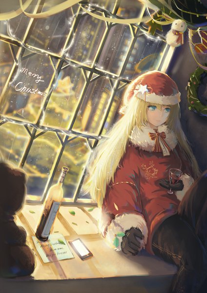 Anime picture 2480x3508 with original fadom single long hair tall image fringe highres blonde hair hair between eyes sitting payot looking away aqua eyes fur trim text light christmas english merry christmas girl