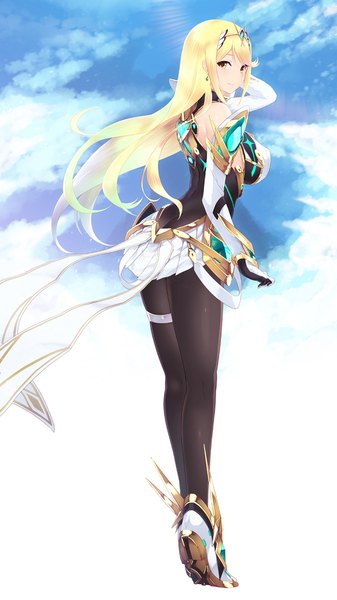 Anime picture 1080x1920 with xenoblade xenoblade 2 mythra (xenoblade) cait single long hair tall image looking at viewer blush fringe breasts light erotic blonde hair smile hair between eyes large breasts standing yellow eyes payot sky