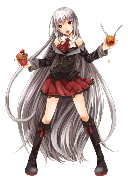 Anime picture 826x1169 with utau sukone tei toudou charo single long hair tall image looking at viewer blush fringe open mouth simple background bare shoulders holding pleated skirt pink eyes grey background girl skirt food boots