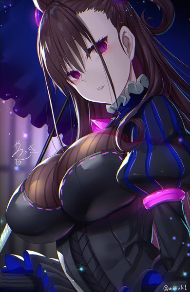 Anime picture 781x1200 with fate (series) fate/grand order murasaki shikibu (fate) yano mitsuki single long hair tall image looking at viewer blush fringe breasts light erotic hair between eyes brown hair large breasts purple eyes signed payot upper body parted lips