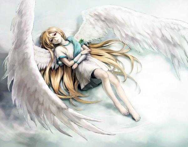 Anime picture 1600x1250 with inazuma eleven afuro terumi joka (night gate) long hair blonde hair red eyes lying barefoot angel wings angel boy detached sleeves wings