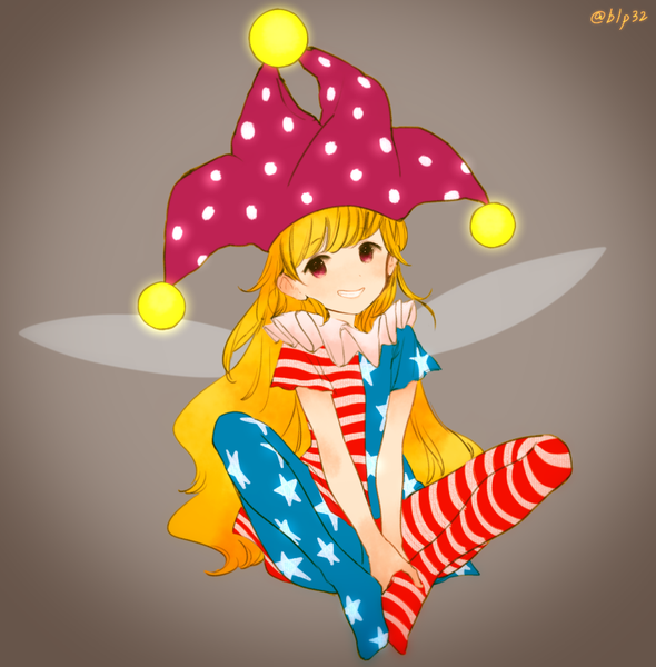 Anime picture 838x852 with touhou clownpiece viridiflora single long hair tall image blush simple background blonde hair smile red eyes sitting signed full body grey background no shoes striped polka dot indian style star print