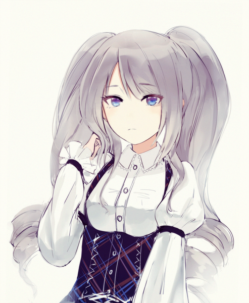 Anime picture 800x974 with original bai banca single long hair tall image looking at viewer fringe breasts blue eyes simple background hair between eyes white background twintails payot upper body long sleeves grey hair puffy sleeves drill hair adjusting hair