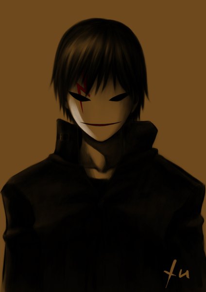 Anime picture 1216x1722 with darker than black studio bones hei (darker than black) kirigo (artist) single tall image short hair black hair simple background realistic brown background boy choker cloak mask