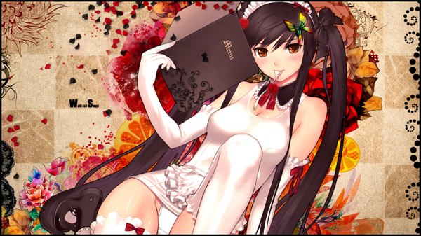 Anime picture 1500x844 with original snyp (r0pyns) single blush light erotic black hair wide image sitting brown eyes very long hair abstract girl dress underwear panties bow petals white dress book (books) insect