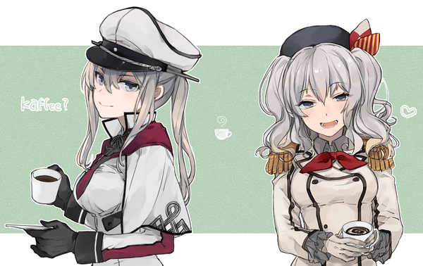 Anime picture 944x595 with kantai collection kashima training cruiser graf zeppelin (kantai collection) hita (hitapita) long hair looking at viewer blush fringe open mouth simple background smile hair between eyes twintails multiple girls silver hair text english silver eyes green background military