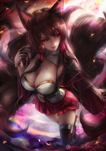 Anime picture 3532x5000 with azur lane akagi (azur lane) axsen single long hair tall image fringe highres breasts light erotic smile hair between eyes red eyes brown hair large breasts signed animal ears looking away absurdres cleavage