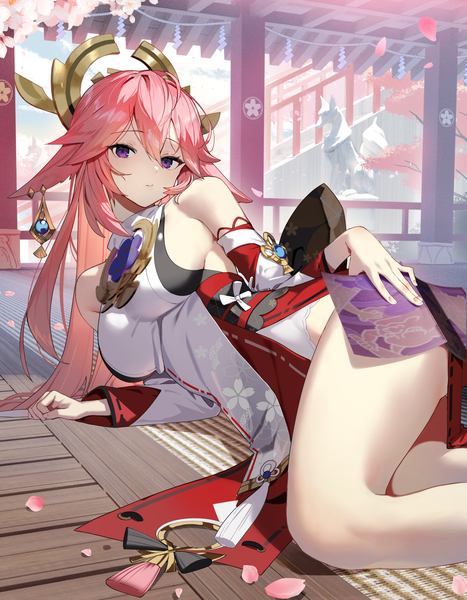 Anime picture 1946x2500 with genshin impact yae miko scottie (phantom2) single long hair tall image looking at viewer fringe highres breasts light erotic hair between eyes purple eyes animal ears pink hair bent knee (knees) traditional clothes japanese clothes wide sleeves fox ears