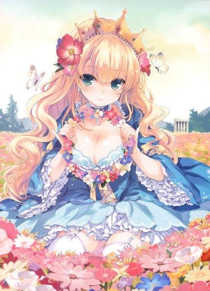 Anime picture 2450x3397 with original sakura koharu long hair tall image looking at viewer highres breasts light erotic blonde hair green eyes girl thighhighs dress flower (flowers) white thighhighs frills insect butterfly crown