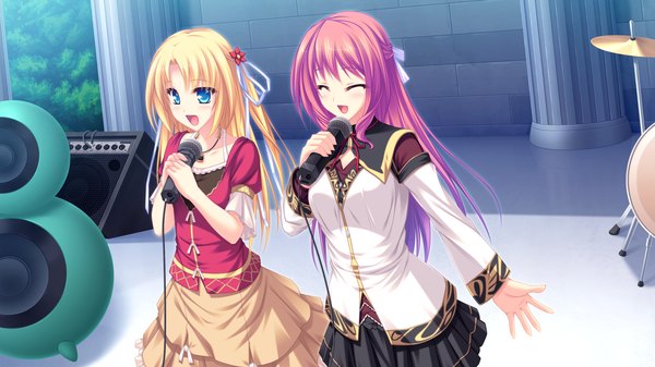 Anime picture 1920x1080 with ryuuyoku no melodia leki vestoria floria carlyle mel tenmaso long hair highres open mouth blue eyes blonde hair wide image multiple girls pink hair game cg eyes closed girl dress ribbon (ribbons) 2 girls hair ribbon microphone