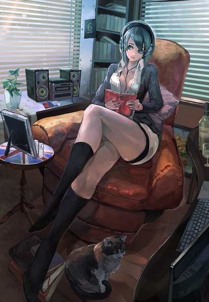 Anime picture 818x1181 with original diet sence tall image looking at viewer short hair breasts blue eyes large breasts sitting blue hair looking away sunlight open clothes open shirt no shoes crossed legs framed girl animal shirt