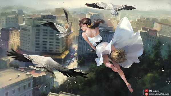 Anime picture 1600x900 with original g-tz single long hair light erotic brown hair wide image looking away sky full body bent knee (knees) outdoors parted lips profile barefoot wind from behind realistic mole mole under eye