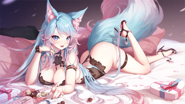 Anime-Bild 6023x3389 mit virtual youtuber vshojo silvervale mitsu (mitsu art) single looking at viewer blush fringe highres breasts open mouth blue eyes light erotic smile wide image large breasts animal ears payot pink hair absurdres