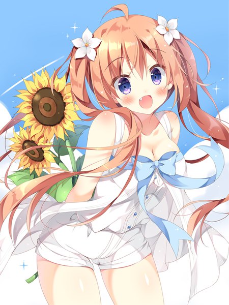 Anime picture 617x822 with original pan (mimi) single long hair tall image looking at viewer blush fringe breasts open mouth smile hair between eyes brown hair standing twintails purple eyes bare shoulders cleavage ahoge outdoors