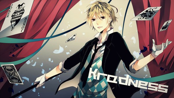 Anime picture 2000x1124 with nico nico singer kradness tagme (artist) single looking at viewer highres short hair blonde hair wide image holding brown eyes parted lips wind spread arms twisty sleeves rhombus boy gloves ribbon (ribbons) shirt