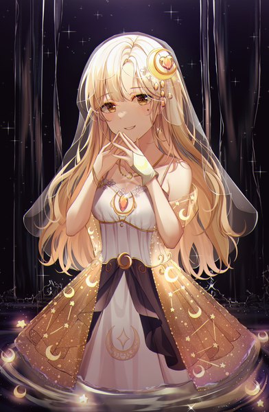 Anime picture 2998x4586 with original yulha 06 single long hair tall image looking at viewer blush fringe highres simple background blonde hair smile standing yellow eyes blunt bangs parted lips fingernails mole arms up sparkle