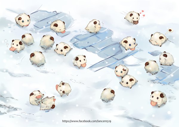 Anime picture 1157x818 with league of legends poro (league of legends) lancer0519 blush blue eyes brown eyes eyes closed horn (horns) snowing snow no people animal heart tongue brick