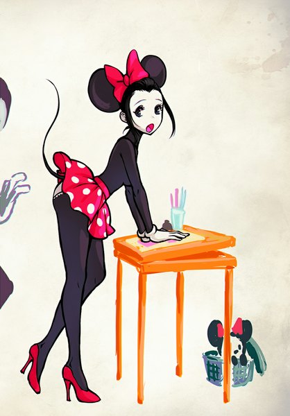 Anime picture 800x1147 with disney minnie mouse amaguchi chiyoko tall image open mouth light erotic black hair animal ears bent knee (knees) tail animal tail high heels leaning leaning forward polka dot mouse ears mouse tail girl skirt gloves