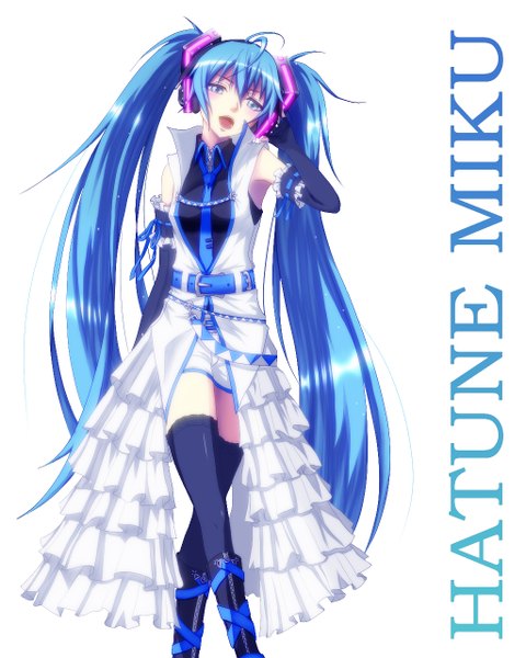 Anime picture 1024x1280 with vocaloid hatsune miku my (artist) single tall image open mouth blue eyes twintails blue hair very long hair inscription girl thighhighs dress gloves black thighhighs elbow gloves boots belt headphones