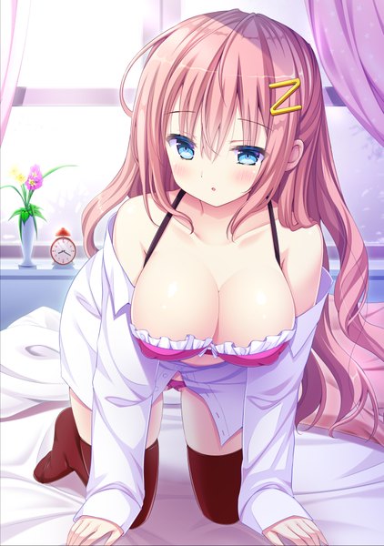 Anime picture 700x996 with original shiwasu horio single long hair tall image blush fringe breasts blue eyes light erotic hair between eyes large breasts payot looking away pink hair cleavage indoors long sleeves head tilt off shoulder