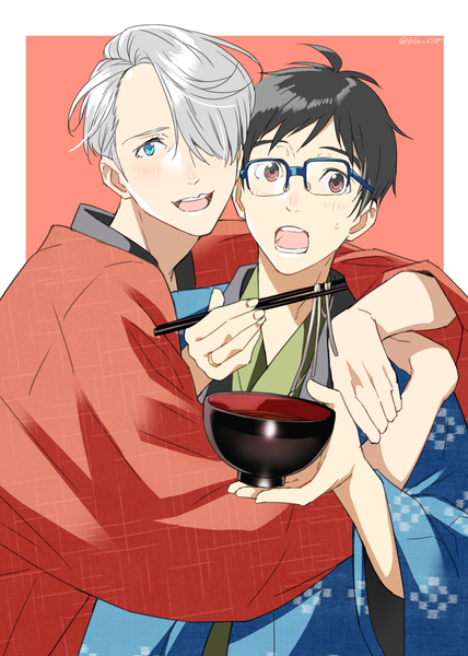 Anime picture 1140x1596 with yuri!!! on ice mappa viktor nikiforov katsuki yuuri natsuko (bluecandy) tall image looking at viewer blush fringe short hair open mouth blue eyes black hair simple background brown eyes silver hair traditional clothes japanese clothes hair over one eye multiple boys