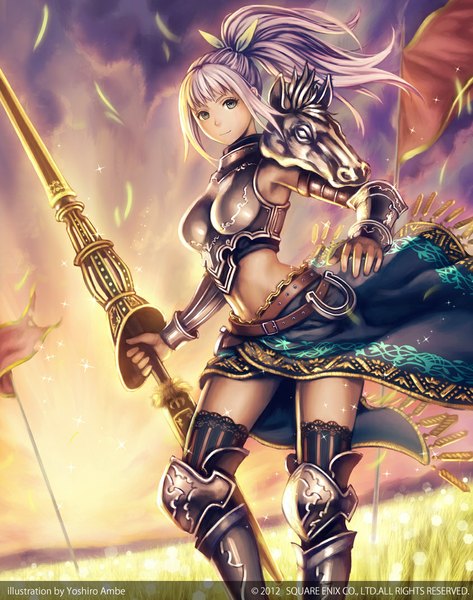 Anime picture 845x1072 with anbe yoshirou single long hair tall image looking at viewer blue eyes sky silver hair cloud (clouds) ponytail midriff girl weapon plant (plants) detached sleeves armor grass spear