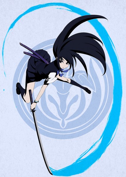 Anime picture 1280x1792 with original kami juukou single long hair tall image black hair black eyes girl skirt weapon sword socks serafuku katana black socks