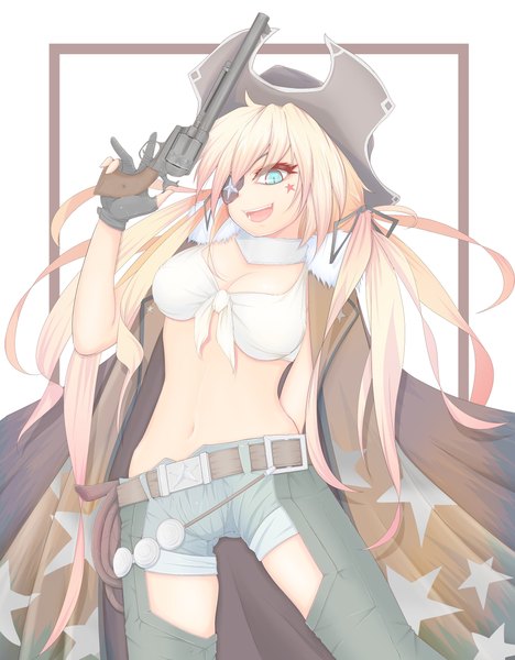 Anime picture 3196x4096 with girls frontline colt m1873 (girls frontline) cube85 single long hair tall image highres breasts open mouth blue eyes light erotic simple background blonde hair smile large breasts white background absurdres facial mark clothes on shoulders denim