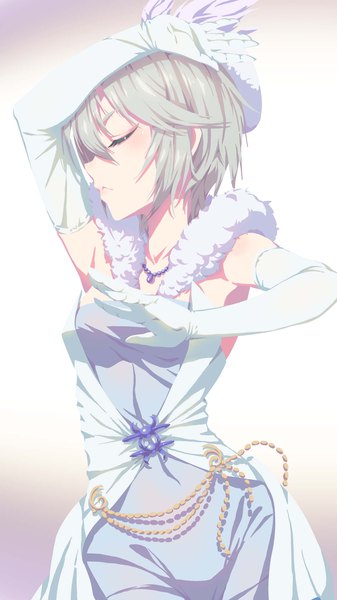 Anime picture 1280x2276 with idolmaster idolmaster cinderella girls anastasia (idolmaster) madyy single tall image short hair silver hair eyes closed fur trim pure white memories girl dress gloves elbow gloves white gloves fur