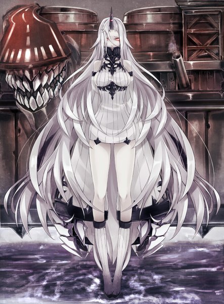Anime picture 1200x1625 with kantai collection seaport hime pokimari single tall image looking at viewer fringe red eyes standing white hair very long hair horn (horns) hair over one eye teeth sharp teeth white skin shinkaisei-kan girl dress weapon