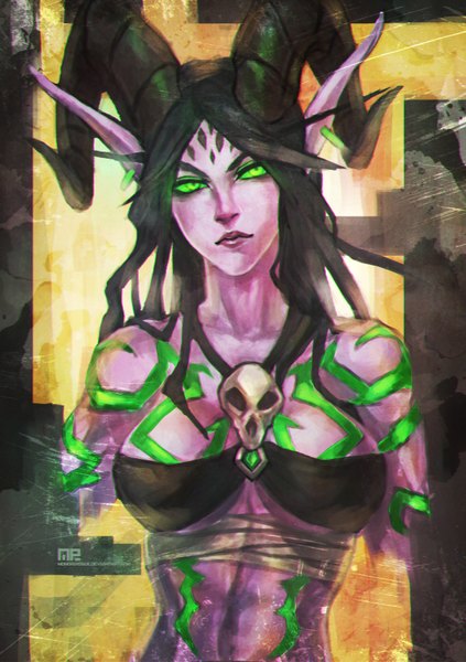 Anime picture 2475x3508 with blizzard entertainment monori rogue single long hair tall image highres breasts light erotic black hair green eyes upper body horn (horns) lips pointy ears piercing ear piercing demon girl girl bandage (bandages) bikini top