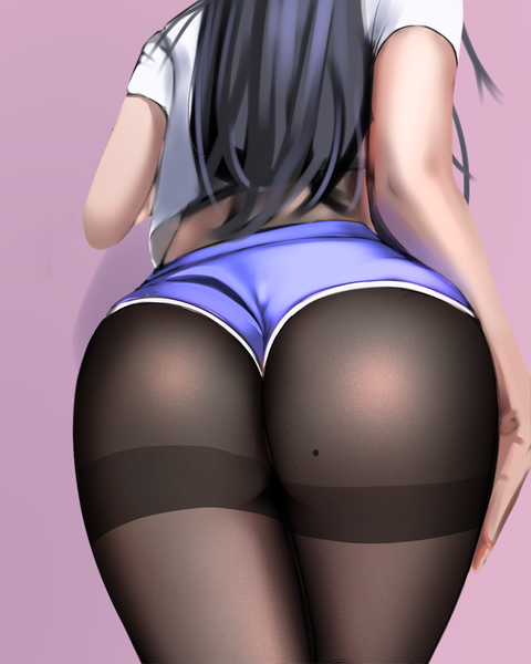 Anime picture 1080x1350 with original geomiddang single long hair tall image light erotic black hair simple background standing ass from behind mole head out of frame purple background pov ass girl pantyhose shorts black pantyhose short shorts