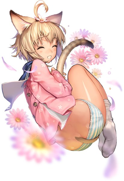 Anime picture 703x1024 with destiny child kkuem single tall image blush short hair light erotic simple background blonde hair smile white background animal ears full body ahoge tail eyes closed animal tail hair flower cat ears bare legs