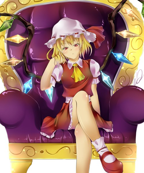 Anime picture 1340x1610 with touhou flandre scarlet tall image short hair blonde hair red eyes sitting girl skirt hat wings skirt set