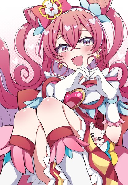 Anime picture 2880x4152 with precure delicious party precure toei animation nagomi yui cure precious kome-kome (precure) meiji (meizi493) single long hair tall image looking at viewer blush fringe highres hair between eyes sitting pink hair pink eyes two side up magical girl