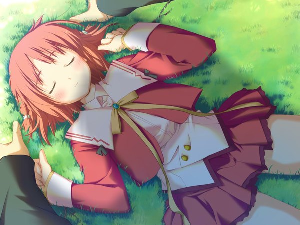 Anime picture 1600x1200 with happy margaret amagahara inaho kokonoka blush short hair game cg red hair lying eyes closed girl skirt uniform plant (plants) school uniform grass