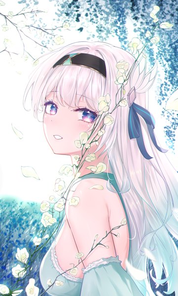 Anime picture 2460x4093 with honkai: star rail honkai (series) firefly (honkai: star rail) kamory single long hair tall image looking at viewer blush fringe highres breasts smile purple eyes bare shoulders silver hair upper body parted lips turning head strap gap
