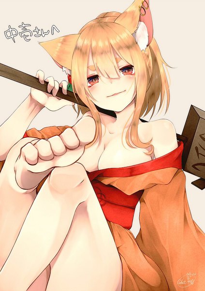 Anime picture 707x1000 with original chita (ketchup) single long hair tall image looking at viewer blush fringe breasts light erotic blonde hair smile large breasts holding brown eyes signed animal ears payot bent knee (knees) barefoot