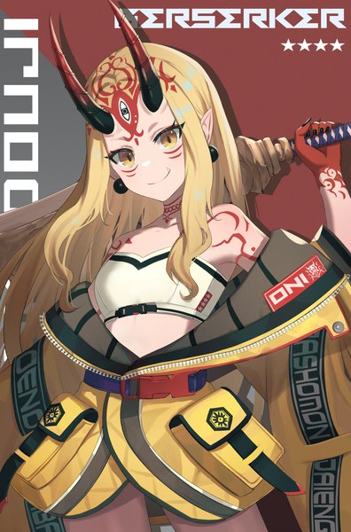 Anime picture 2785x4225 with fate (series) fate/grand order ibaraki douji (fate) dolce (dolsuke) single long hair tall image looking at viewer highres blonde hair smile standing bare shoulders holding yellow eyes payot arm up horn (horns) pointy ears off shoulder