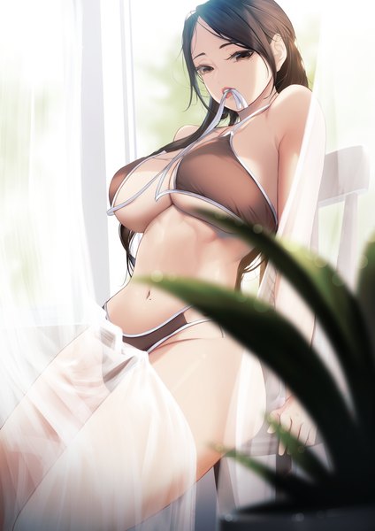 Anime picture 3000x4244 with original blueorca single long hair tall image looking at viewer fringe highres breasts light erotic black hair large breasts sitting holding brown eyes payot blurry mole arm support mole under eye