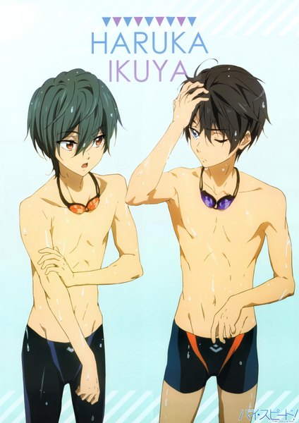 Anime picture 4798x6795 with free! high speed! kyoto animation nanase haruka (free!) kirishima ikuya yamaguchi taira tall image fringe highres short hair open mouth blue eyes light erotic black hair simple background hair between eyes red eyes standing looking away absurdres