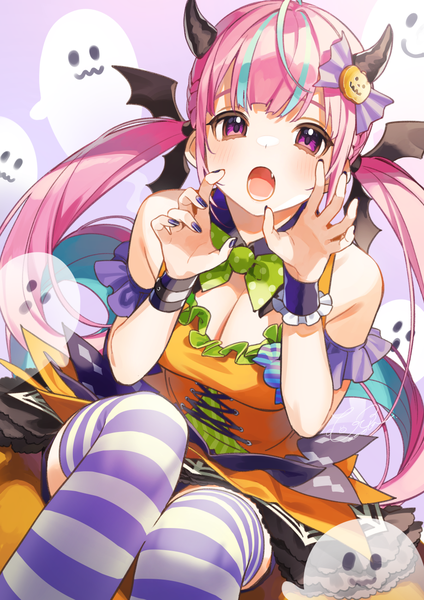 Anime picture 919x1300 with virtual youtuber hololive minato aqua buuta single long hair tall image looking at viewer open mouth light erotic sitting purple eyes twintails pink hair cleavage nail polish multicolored hair horn (horns) :o fang (fangs)