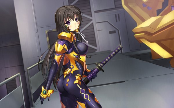Anime picture 1920x1200 with muvluv total eclipse muv-luv takamura yui dance of eternity single long hair looking at viewer blush highres black hair purple eyes ass girl weapon sword katana bodysuit