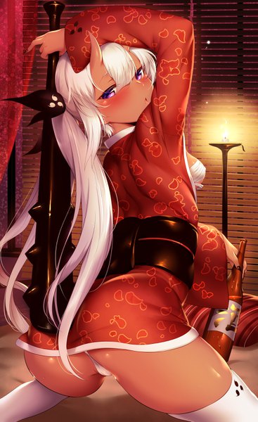 Anime picture 1771x2895 with original mdastarou single long hair tall image blush fringe highres light erotic hair between eyes purple eyes ass white hair traditional clothes japanese clothes looking back horn (horns) :o oni horns girl