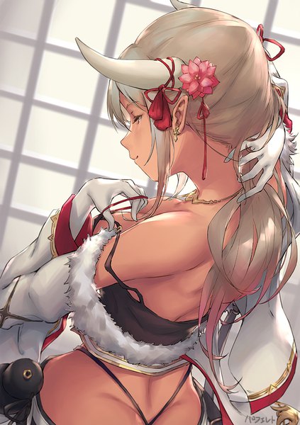 Anime picture 741x1050 with granblue fantasy kumbhira (granblue fantasy) parfaitlate single long hair tall image fringe breasts light erotic blonde hair standing brown eyes signed payot cleavage ass profile arm up hair flower horn (horns)